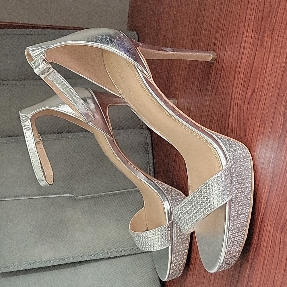 BCBGeneration Silver Bejeweled Ankle Straps Stiletto Heels